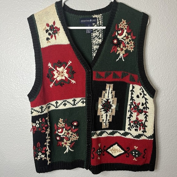 Vintage Mountain Lake Sweater Vest Floral Aztec Christmas Green Red Cottage Knit - Picture 1 of 12